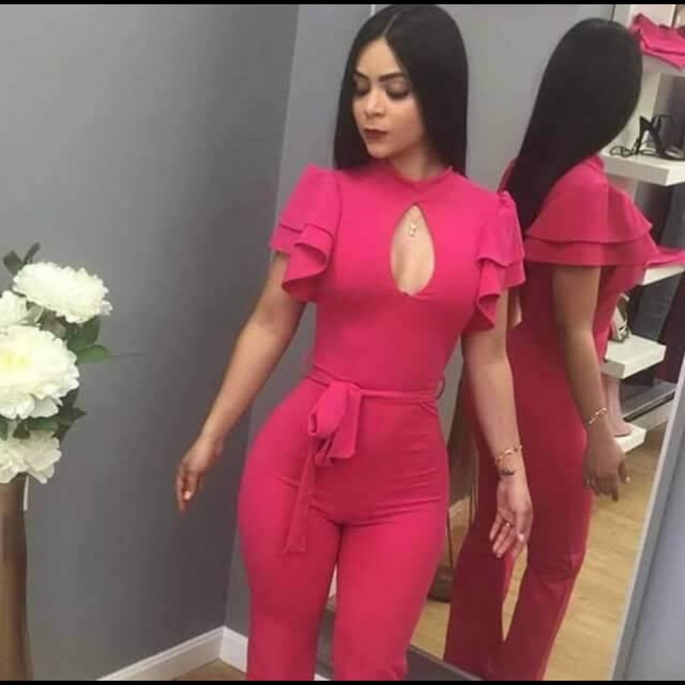 New Pink Jumpsuit Cut Out Flutter Short Sleeve